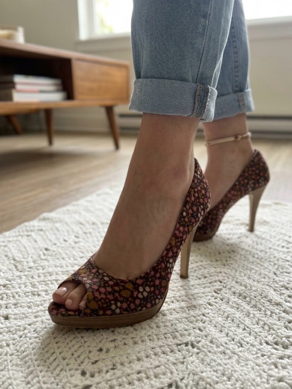 Michael Antonio Floral Peep-Toe Heels in Brown and Pink Corduroy shoes 👠 🌸💐